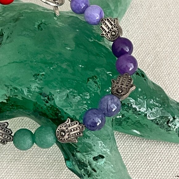 Yoga Chakra Bracelet Real Gemstones with Hamsa Hand Toggle Close - Picture 2 of 6